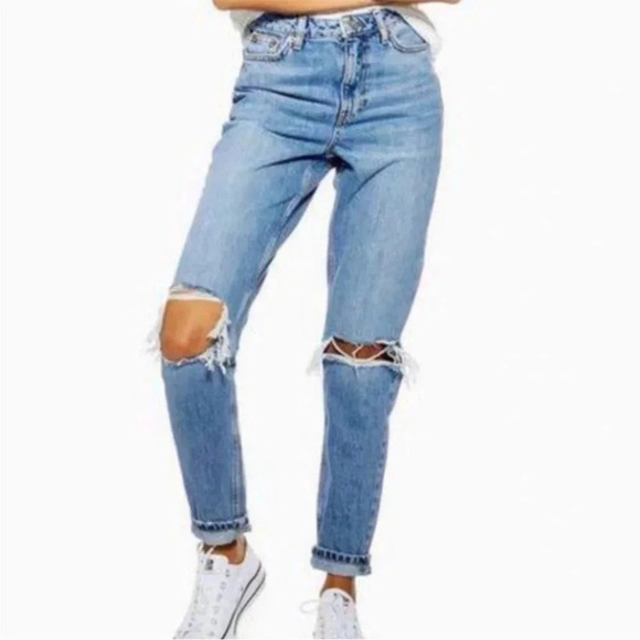 Topshop | Double Ripped Mom Jeans in Mid Medium Blue Wash | size 34 x 28‎ - Picture 2 of 11